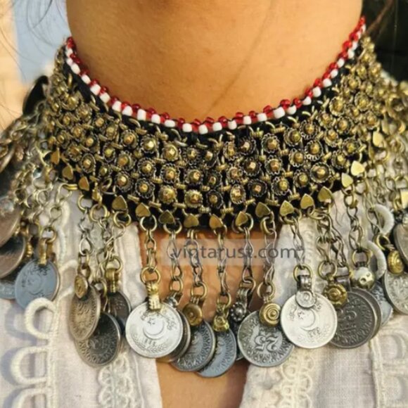 Handmade Statement Necklace With Dangling Coins, Tribal Ethnic Choker - Picture 6 of 6
